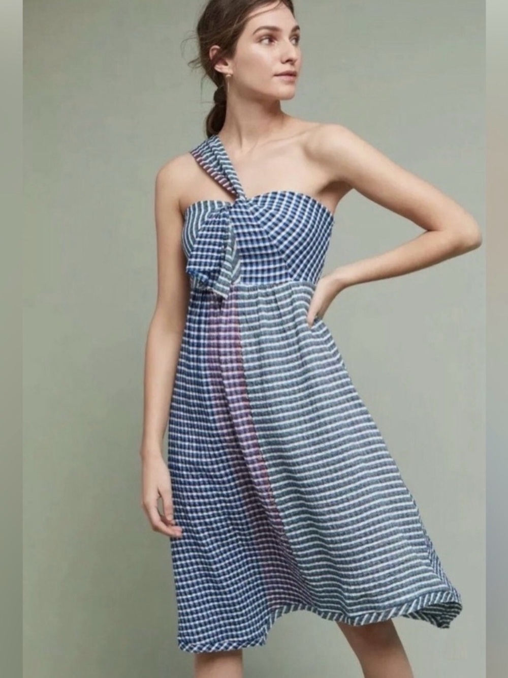 Maeve Blue Gingham & Stripe Sundress with Pink Straps
